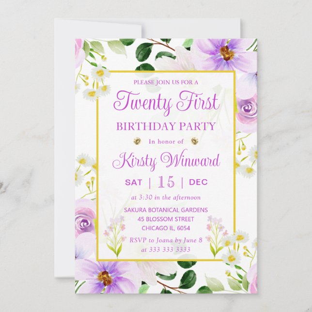 Watercolor Purple Magical Flowers 21st Birthday Invitation (Front)