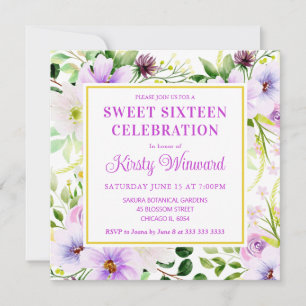 Watercolor Purple Magical Flowers Sweet Sixteen Invitation