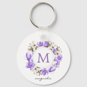 Watercolor Purple Magnolia Wreath Monogram Key Ring