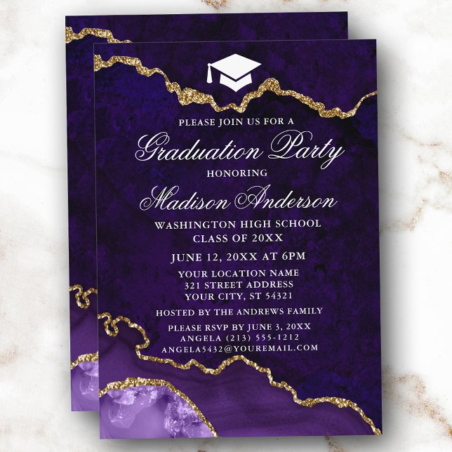 Watercolor Purple Marble Agate Graduation Party Invitation (Customize to change text size, style or to add more text or photos to back of card.)