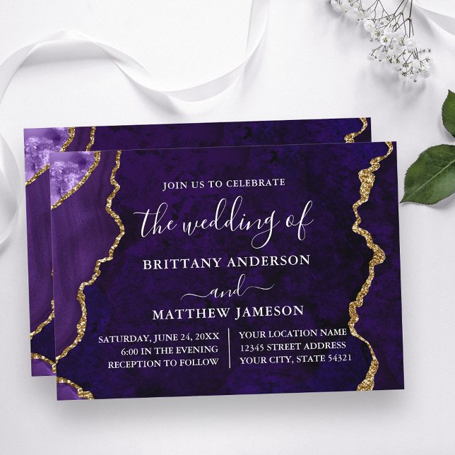 Watercolor Purple Marble Gold Wedding Invitation (Customize to change text size, text style or to add more text to back of card.)