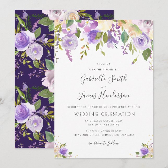 watercolor purple, mauve and peach floral wedding invitation (Front/Back)