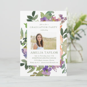 Watercolor Purple Orange Floral Graduation Party  Invitation