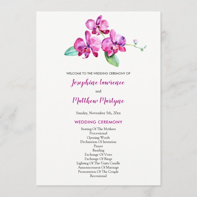 Watercolor Purple Orchid Floral Wedding Programme (Front)