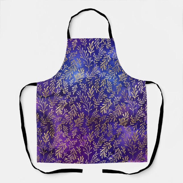 Watercolor Purple Pattern with Gold Leaves Apron (Front)