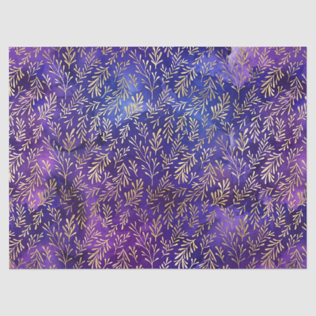 Watercolor Purple Pattern with Gold Leaves Tissue Paper (Front)