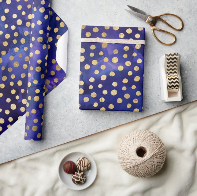 Watercolor Purple Pattern with Gold Polka Dots Wrapping Paper (Crafts)