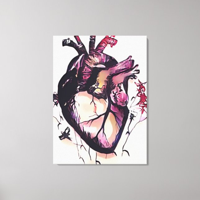 Watercolor Purple Pink Black Beating Heart Art Canvas Print (Front)