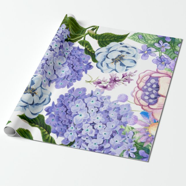 Watercolor Purple, Pink, Blue Garden Flowers  Wrapping Paper (Unrolled)