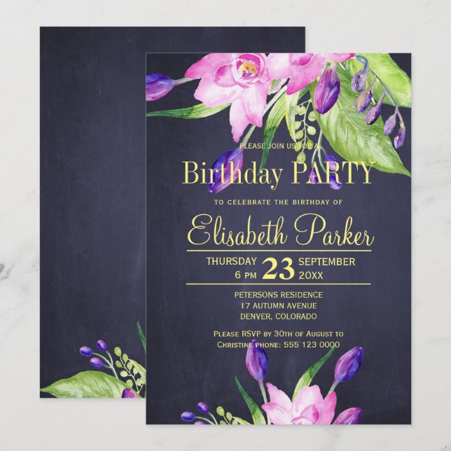 Watercolor purple pink chic floral birthday party invitation (Front/Back)