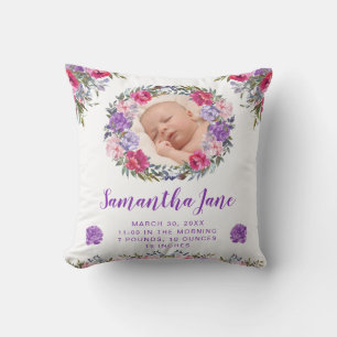 Watercolor Purple & Pink Flowers Baby Photo Cushion