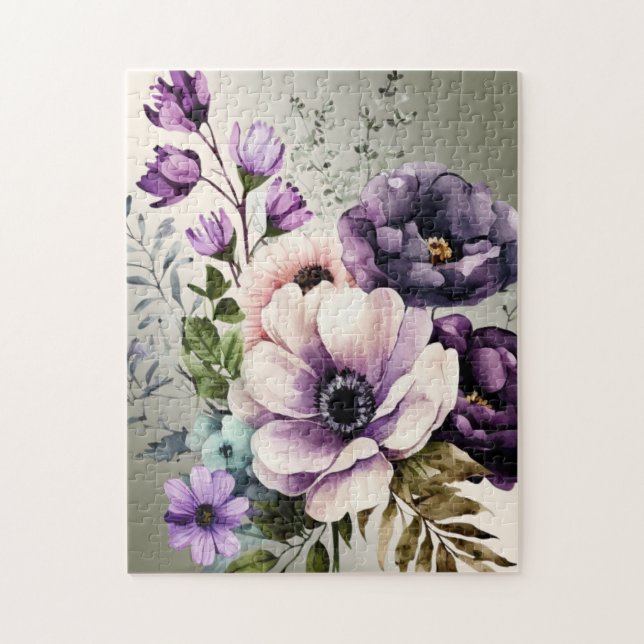 Watercolor Purple Pink Flowers Golden Elegant Jigsaw Puzzle (Vertical)