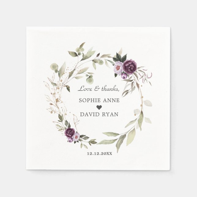 Watercolor Purple Pink Flowers Leaves Wedding   Napkin (Front)