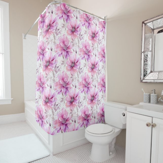Watercolor Purple Pink Flowers Spring Pattern  Shower Curtain (In Situ)
