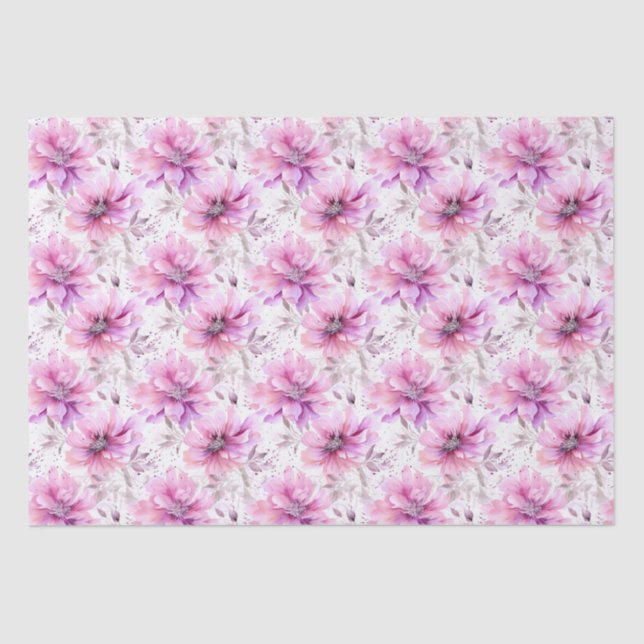 Watercolor Purple Pink Flowers Spring Pattern  Tissue Paper (Front)