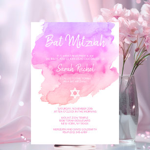 Watercolor Purple Pink Peach Star BAT MITZVAH Invitation
