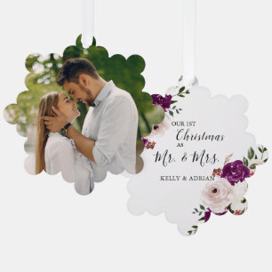 Watercolor Purple Plum Blush Pink Floral Photo Tree Decoration Card