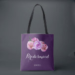 Watercolor purple plum bouquet wedding bridesmaid tote bag<br><div class="desc">Rustic elegant fall wedding stylish bridesmaid / maid of honour / flower girl tote bag featuring a bunch of big blush pink violet peony flowers on dark purple plum background. Personalise it with bridesmaid's name on front and with bride's and groom's names and wedding date on the back. ------- Pleas...</div>