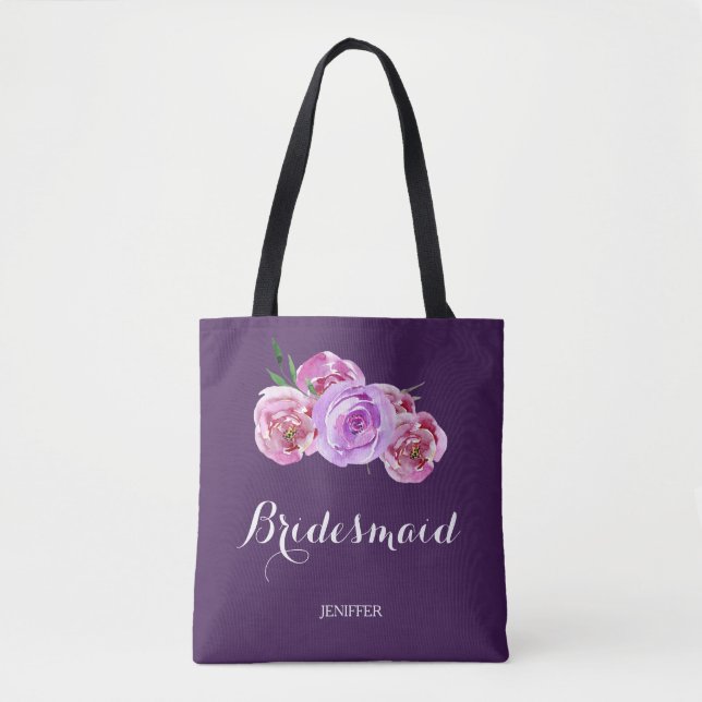 Watercolor purple plum bouquet wedding bridesmaid tote bag (Front)