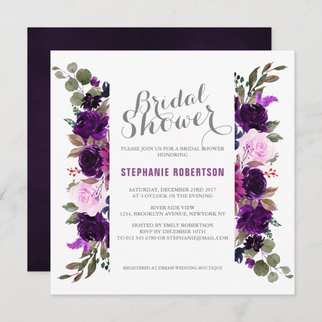 Watercolor Purple Plum Floral Boho Bridal Shower Invitation (Front/Back)
