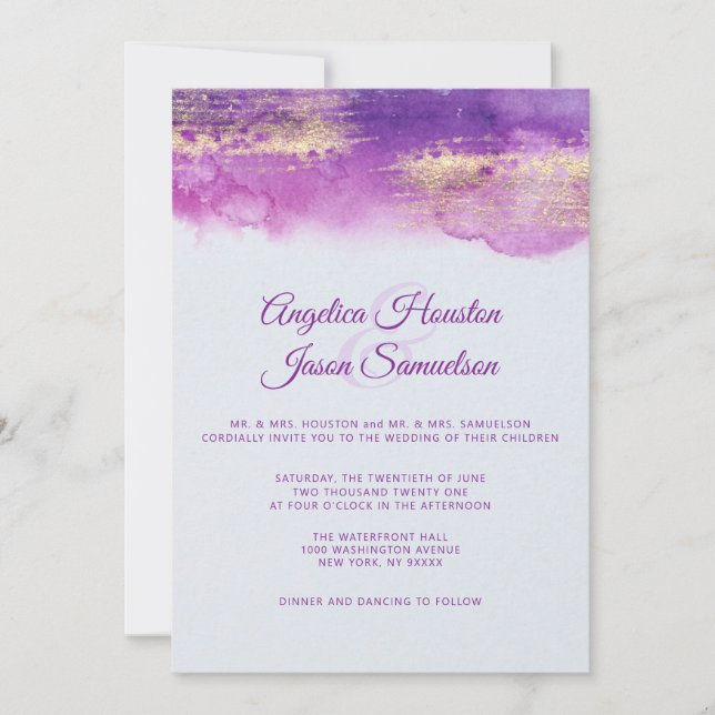 Watercolor Purple Plum Mauve Gold Wedding PHOTO Invitation (Front)