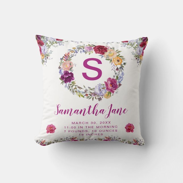 Watercolor Purple & Red Flowers Wreath Baby  Cushion (Front)