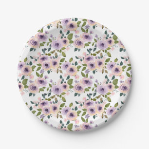 Watercolor Purple Rose Floral Pattern Paper Plate
