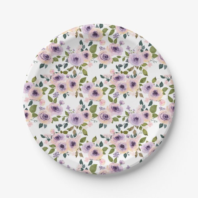 Watercolor Purple Rose Floral Pattern  Paper Plate (Front)