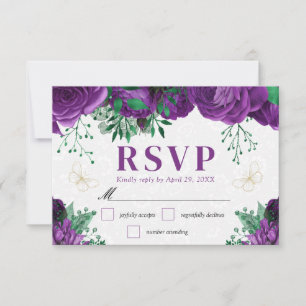Watercolor Purple Roses and Flowers Wedding RSVP Card