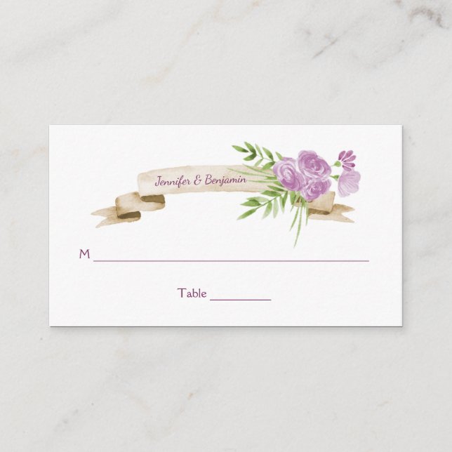 Watercolor Purple Roses and Greenery Place Cards (Front)