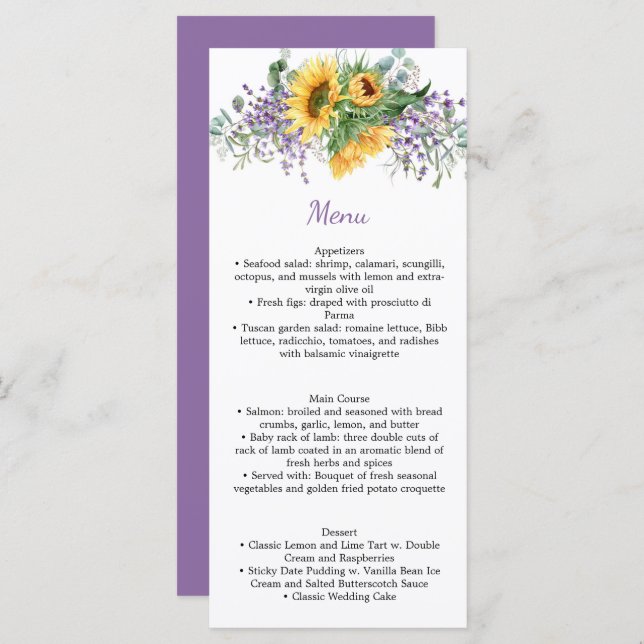 Watercolor Purple Roses and Greenery Wedding  Menu (Front/Back)