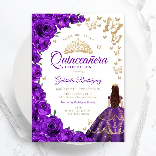 Watercolor Purple Roses Floral Quinceanera Invitation (Creator Uploaded)