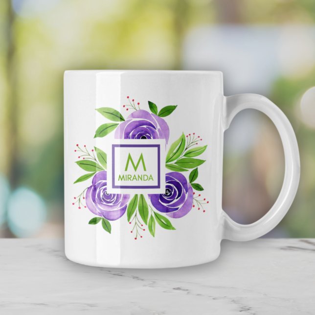 Watercolor Purple Roses Personalised Monogram Coffee Mug (Creator Uploaded)