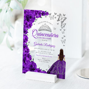 Watercolor Purple Roses Silver Quinceanera Acrylic Invitations