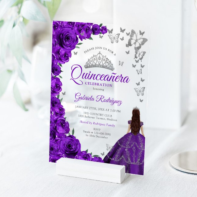 Watercolor Purple Roses Silver Quinceanera Acrylic Invitations (Creator Uploaded)