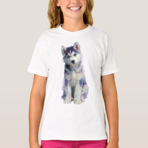 Watercolor Purple Siberian Husky Puppy Kids T-Shirt