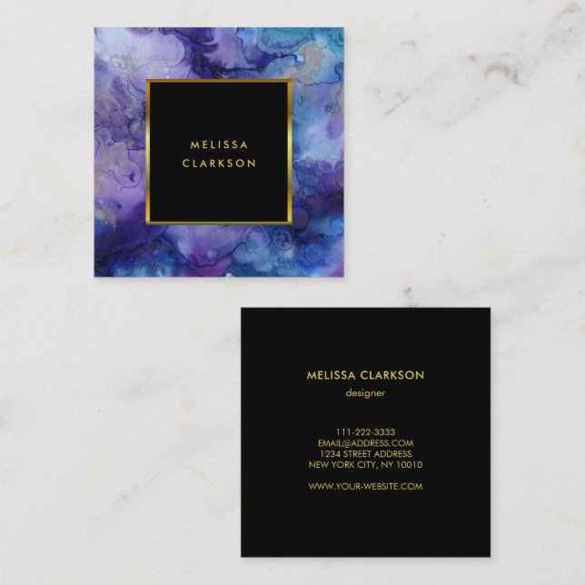 Watercolor purple splash black gold professional square business card (Front/Back)