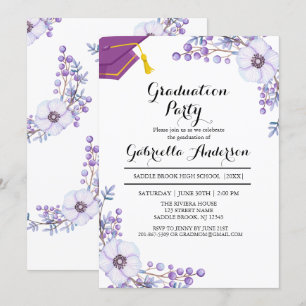 Watercolor Purple Spring Floral Bursts Graduation Invitation