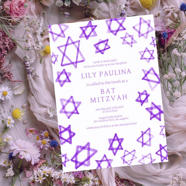 Watercolor Purple Star of David Bar Bat Mitzvah Invitation (Watercolor Purple Star of David Bar Bat Mitzvah Custom Colorful Fun Modern Invitation
)