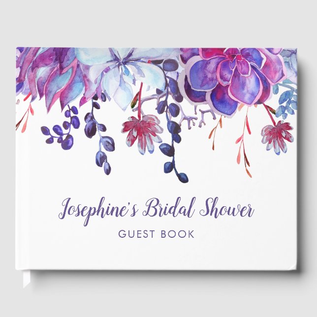 Watercolor Purple Succulents Modern Bridal Shower Guest Book (Front)