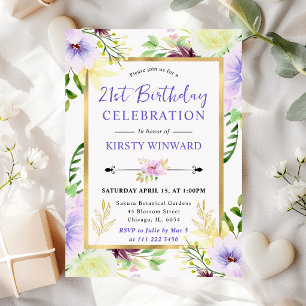 Watercolor Purple Summer Flowers 21st Birthday Invitation