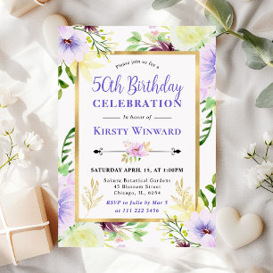 Watercolor Purple Summer Flowers 50th Birthday Invitation