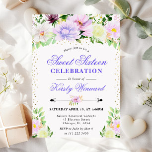 Watercolor Purple Summer Flowers Photo Sweet 16 Invitation