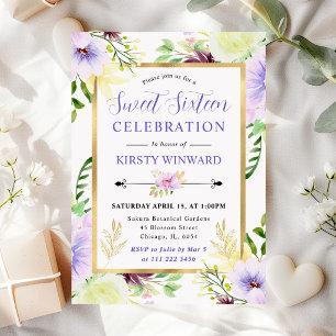 Watercolor Purple Summer Flowers Sweet 16 Invitation
