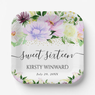 Watercolor Purple Summer Flowers Sweet Sixteen Paper Plate