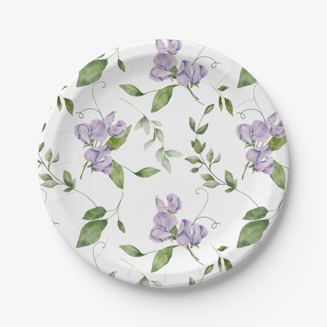 Watercolor Purple Sweet Pea Flowers Paper Plate (Front)