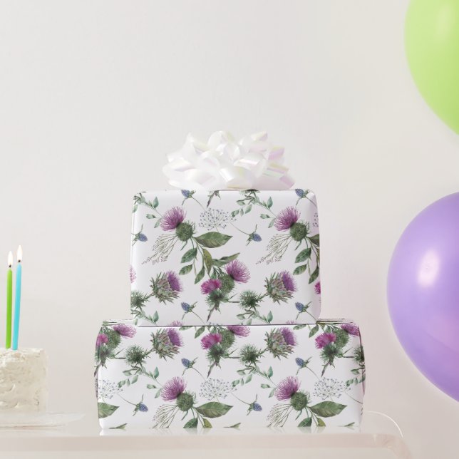 Watercolor Purple Thistle Botanical Pattern Wrapping Paper (Party Gifts)