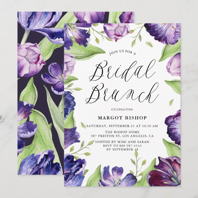 Watercolor Purple Tulips Floral Bridal Brunch Invitation (Front/Back)