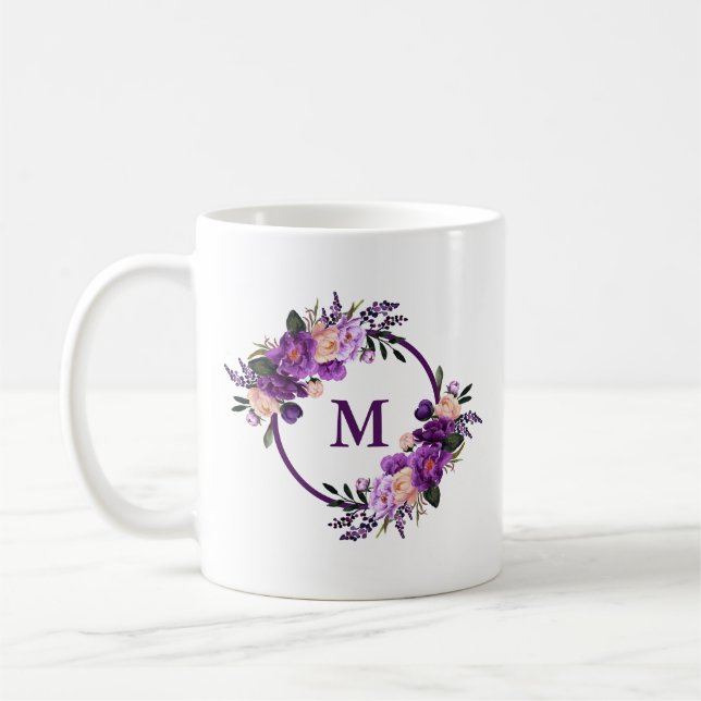 Watercolor Purple Ultra Violet Floral Monogram Coffee Mug (Left)