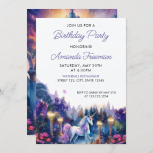 Watercolor Purple Unicorn Girly 6th Birthday Invitation